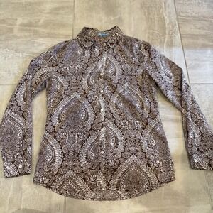 J McLaughlin Shirt Small Button Up Neutral Brown Paisley Western‎ 100% Cotton